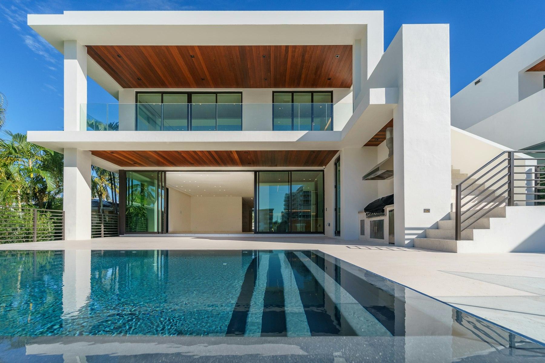 Modern white villa with a long infinity pool