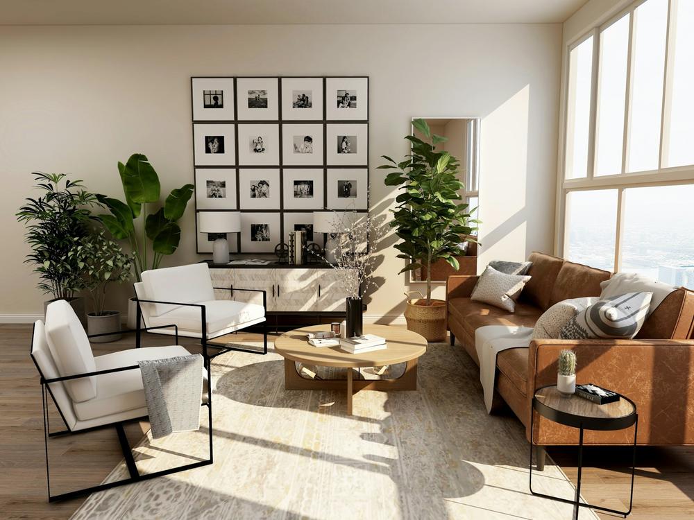 Elegant lounge with tall windows
